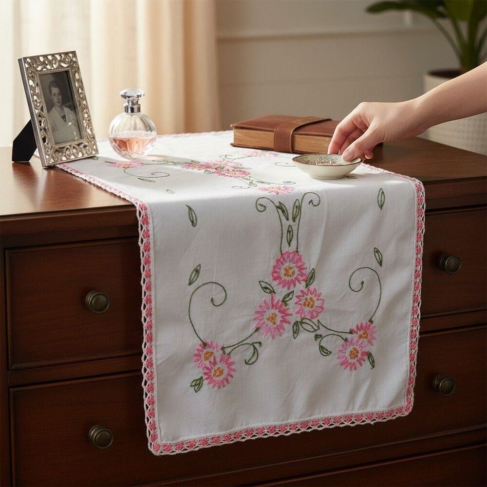 VTG floral dresser table runner white cloth pink embroidery cottagecore decor